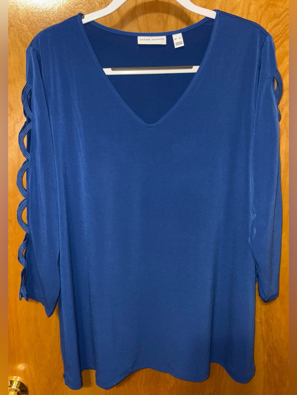 Susan Graver ‘royal aster’ blue liquid knit 3/4 sleeve top with lace trim XL